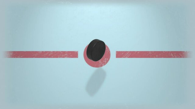 Hockey puck falls on the ice and the stick hits the puck. Throw-in in slow motion. Video footage suitable for betting promotion. Hockey concept.