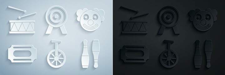 Set Unicycle or one wheel bicycle, Clown head, Circus ticket, Bowling pin, Target and Drum with drum sticks icon. Vector © Oksana