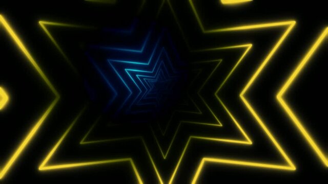 Abstract background,tunnel of a six-pointed star pierced by a gradient ray, yellow-blue,4K.