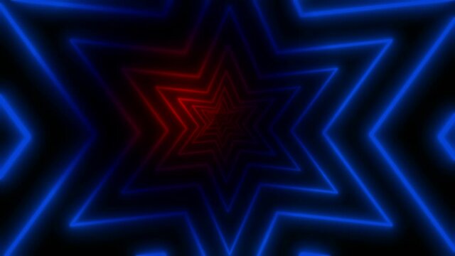 Abstract background,tunnel of a six-pointed star pierced by a gradient ray,blue-red,4 K.