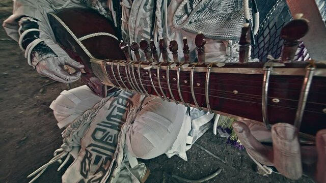 Oriental dancers. Goddesses dance in the temple. Alien musician. SItar