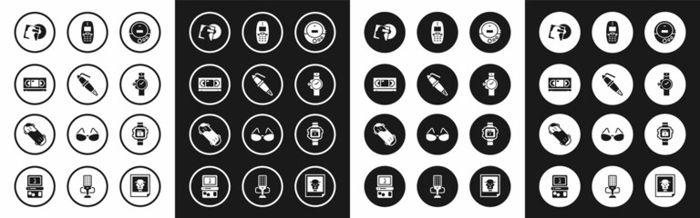 Set Music CD player, Fountain pen nib, VHS video cassette tape, Vinyl disk, Wrist watch, Old mobile phone, and Skateboard trick icon. Vector