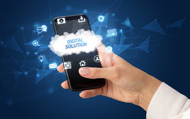 Hand using smartphone with cloud technology concept