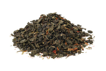 Pile of dry green gunpowder tea.  Heap of green tea leaves with safflower flower petals.