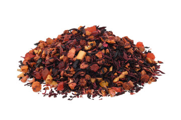 Pile of natural fruit tea with hibiscus petals, fruit slices and berries. Heap of aromatic fruit tea on white.