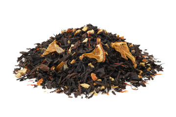Pile of dry black tea leaves on white. Heap of aromatic black tea leaves with dried citrus slices and peel.