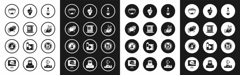 Fototapeta premium Set Burning candle, Holy book of Koran, Hands praying position, Date fruit bowl, Wudhu, No pig and water icon. Vector
