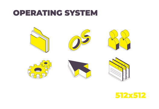 Operating System 3d Icons. Folders, cursor, users, settings, applications. Vector isometric elements for presentations, websites and infographics.
