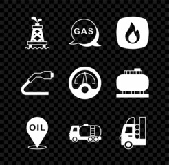 Set Oil rig, Location and gas station, Fire flame, Refill petrol fuel location, Tanker truck, Gas tank for vehicle, Electrical cable plug charging and Motor gauge icon. Vector