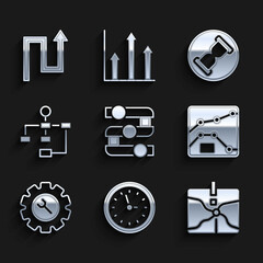 Set Graph, chart, diagram, Clock, Intersection point, Wrench and gear, Hierarchy organogram, Old hourglass with sand and Arrow icon. Vector