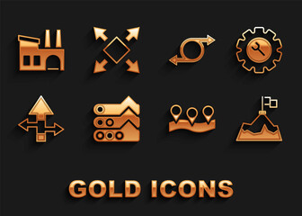 Set Graph, chart, diagram, Wrench and gear, Mountains with flag, Location, Arrow, Factory and Many ways directional arrow icon. Vector