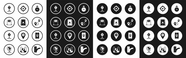 Set Compass, City map navigation, Road traffic sign, Parking, Route location, and Location with cross hospital icon. Vector