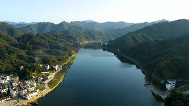 Aerial photography of green mountains, green water and countryside in Huizhou