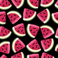 Watermelon pattern. Summer fruit background. Watermelon slice print. Juicy fruit backdrop. Ripe, fresh colorful fruit n black background. Textile, fabric texture. Watermelon wallpaper.