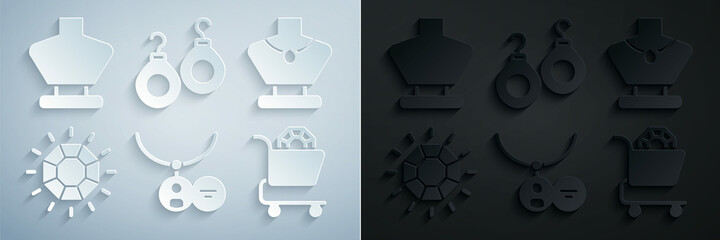 Set Locket on necklace, Necklace mannequin, Diamond, Jewelry online shopping, Earrings and icon. Vector