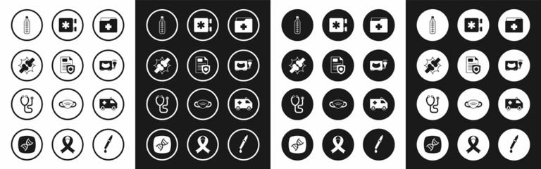 Set Patient record, Joint pain, knee pain, Medical thermometer, Ultrasound, Emergency - Star of Life, Ambulance car and Stethoscope icon. Vector