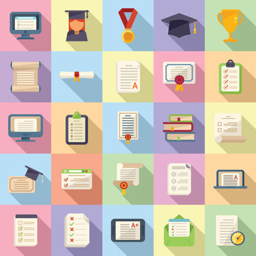 Final exam icons set flat vector. Student college