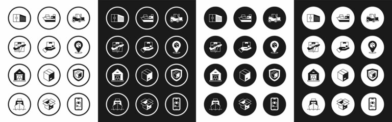 Set Forklift truck, Delivery hand with box, Plane cardboard, Container, Location, Cargo ship boxes delivery, security shield and Warehouse icon. Vector