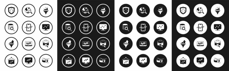 Fototapeta premium Set Sales funnel with chart, Mobile stock trading, Server, Financial growth, Graph infographic, Search globe, Work search and icon. Vector