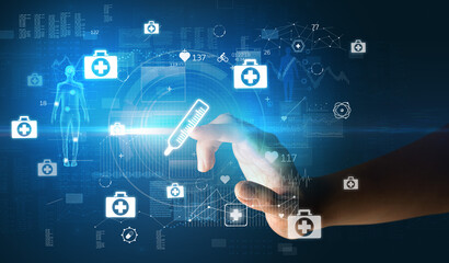 Fototapeta premium Doctor hand pressing futuristic health device with medical symbol on screen