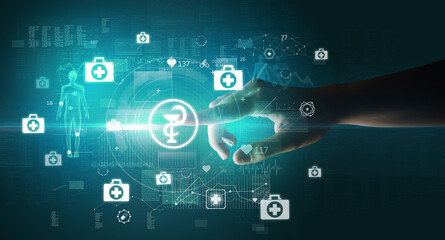 Obraz premium Doctor hand pressing futuristic health device with medical symbol on screen