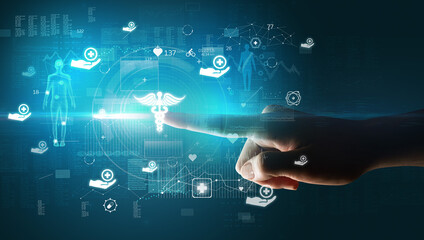 Doctor hand pressing futuristic health device with medical symbol on screen