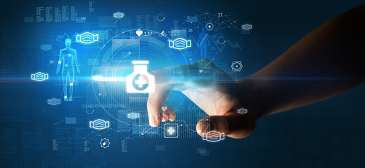 Doctor hand pressing futuristic health device with medical symbol on screen