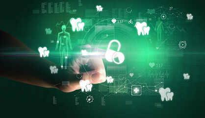 Doctor hand pressing futuristic health device with medical symbol on screen