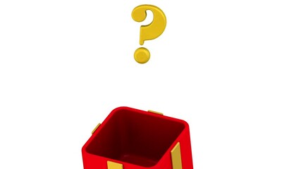 What to present? The problem of choosing a gift. Closed red gift box with golden ribbon and bow is opening and a golden question symbol flies out. Footage video