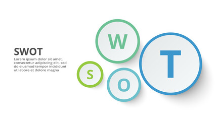 SWOT diagram with 4 steps, options, parts or processes. Threats, weaknesses, strengths, opportunities of the company.