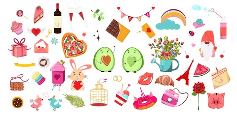 Collection of cute items for Happy Valentine's Day. Design elements for St. Valentine's Day. Hand drawn illustration.