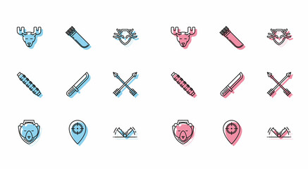Set line Bear head on shield, Hunt place, Moose with horns, Trap hunting, Hunter knife, Crossed arrows, Hunting cartridge belt cartridges and Quiver icon. Vector