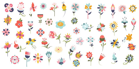 Collection blooming meadow flowers isolated on white background. Spring art print with botanical elements.  Folk style. Elegant spring plants for floristry. Spring botanical flat vector illustration - obrazy, fototapety, plakaty