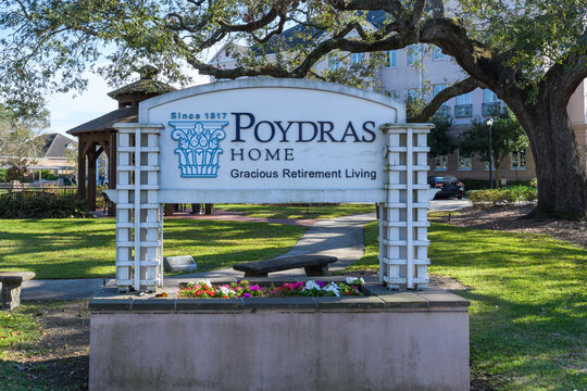 Sign at entrance to Poydras Home (nursing home) on Magazine Street in Uptown neighborhood on January 14, 2022 in New Orleans, LA, USA