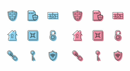 Set line Chain link, Key, Shield with cyber security brick wall, WiFi wireless internet network, Safe, combination lock wheel, House under protection and Document concept icon. Vector