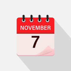 November 7, Calendar icon with shadow. Day, month. Flat vector illustration.