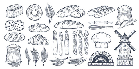 Vector hand-drawn bread and bakery design illustrations, food sketches, vector icons - obrazy, fototapety, plakaty