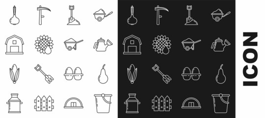 Set line Bucket, Pear, Watering can, Shovel the ground, Sunflower, Farm House concept, Onion and Wheelbarrow with dirt icon. Vector