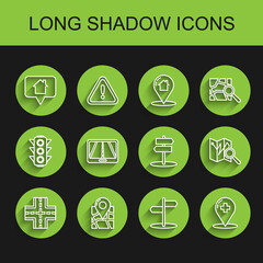 Set line Road traffic sign, Folded map with location marker, Map pointer house, Medical cross hospital, Infographic of city navigation, and icon. Vector