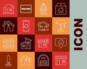 Set line Shopping building or market store, Map pointer with house, Table lamp, Fire hydrant, Mobile phone smart home, House, and icon. Vector