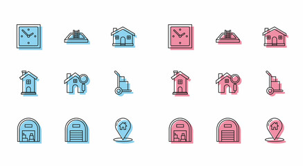 Set line Warehouse, Clock, Map pointer with, Search, Hand truck and boxes, Home symbol and Swimming pool ladder icon. Vector