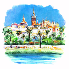 Obraz premium Watercolor sketch of Bell Tower Giralda in landmark catholic Cathedral Saint Mary of the See, Seville, Andalusia, Spain