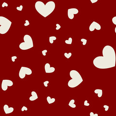Seamless pattern with hearts. Abstract pattern Valentine's Day with white hearts. Random, chaotic red background with cute confetti.