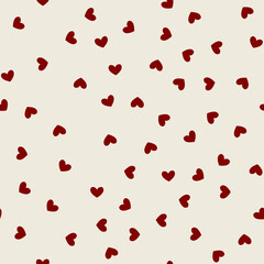 Seamless pattern with hearts. Abstract pattern Valentine's Day with red hearts. Random, chaotic background with cute confetti.