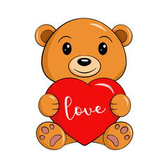 Teddy bear holding a heart with word love. Valentine's day. Vector. Cartoon