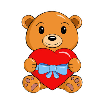 Teddy bear holding a heart with ribbon and bow. Valentine's day. Vector. Cartoon