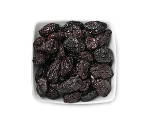 Bowl with sweet dried prunes isolated on white, top view