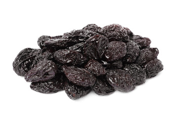 Pile of sweet dried prunes on white background
