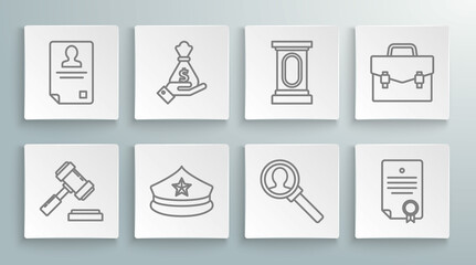 Set line Judge gavel, Police cap with cockade, Magnifying glass for search, Certificate template, Stage stand debate podium rostrum, Briefcase and Identification badge icon. Vector