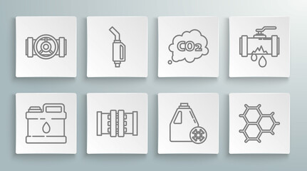 Set line Canister for motor machine oil, Antifreeze canister, Chemical formula consisting of benzene rings, CO2 emissions cloud, Broken with leaking water and icon. Vector